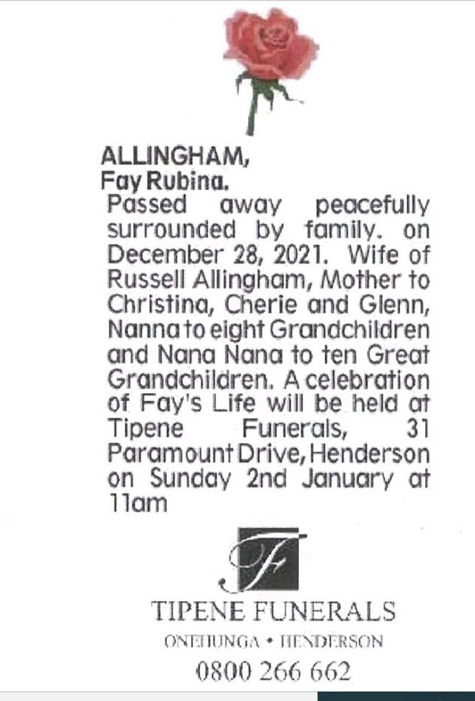 Fay Rubina Allingham, Death Notice