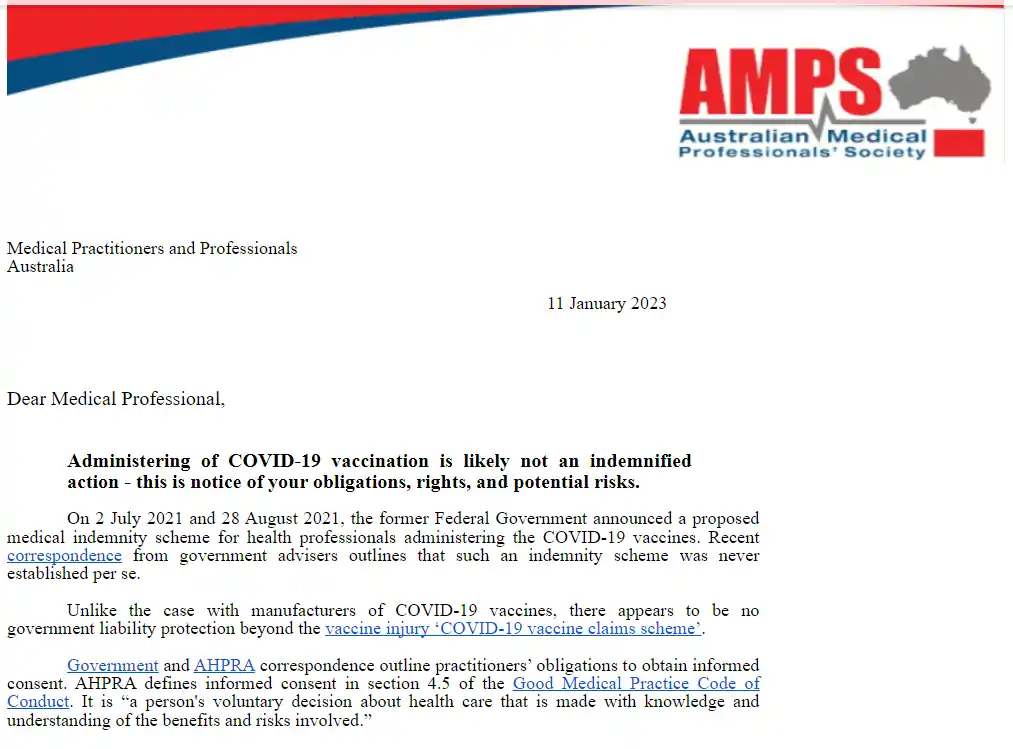 AMPS COVID indemity letter.