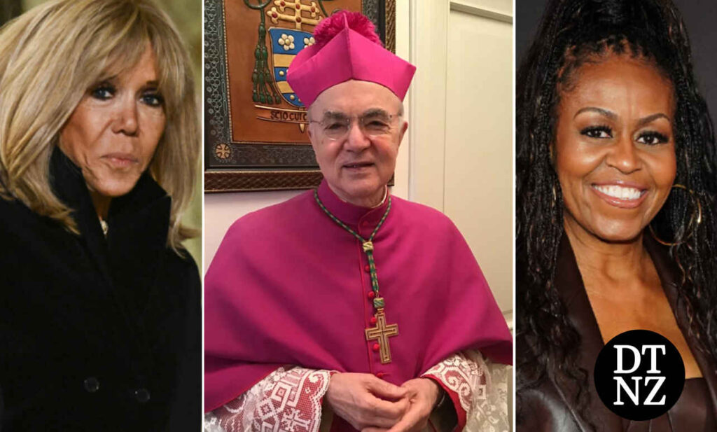 Brigette Macron (L), Archbishop Vigano (C), and Michelle Obama (R).