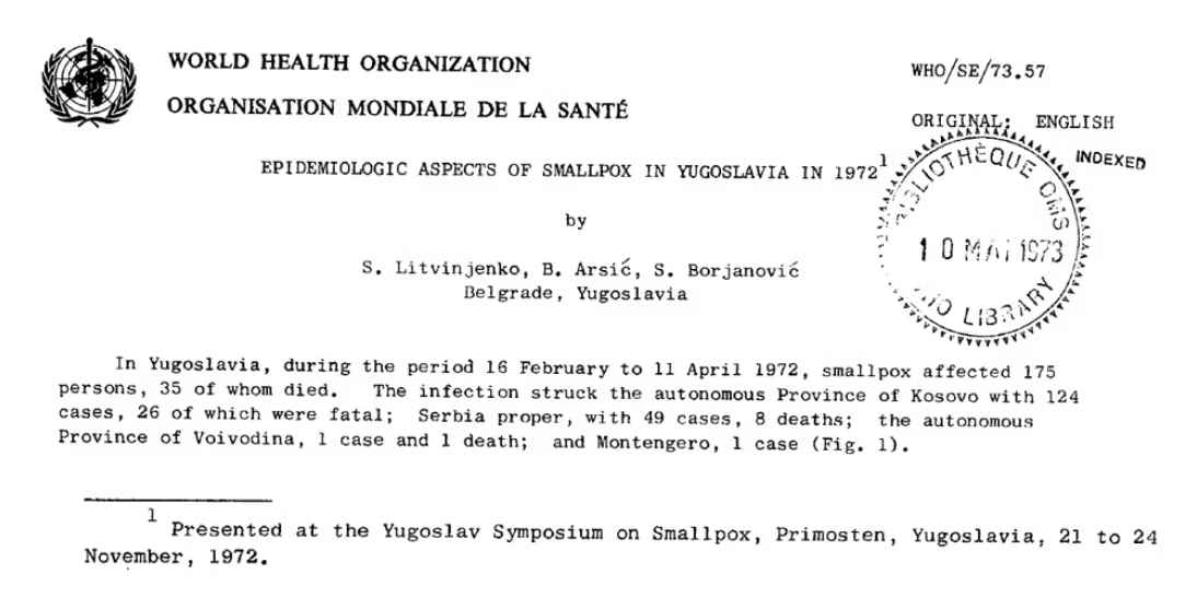 Smallpox outbreak, Yugoslavia 1972